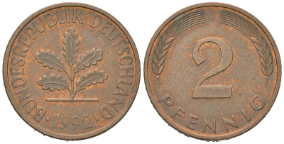 Германия 2 пфеннига 1992 J KM 106a сталь плакированная медью 4532-238