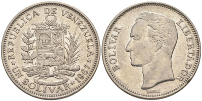 Венесуэла 1 боливар 1967 Симон Боливар KM 42 никель 219-1125