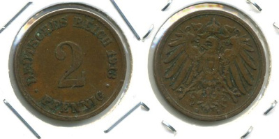 Германия 2 пфеннига 1913 D KM 16, J. 11, Weege 4 медь 701-541
