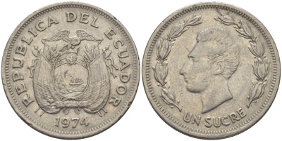 ЭКВАДОР 1 СУКРЕ 1974 АНТОНИО ХОСЕ де СУКРЕ KM 78b сталь плакированная никелем 31-344
