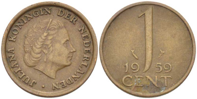 НИДЕРЛАНДЫ 1 ЦЕНТ 1959 ЮЛИАНА KM 180 бронза 66-863