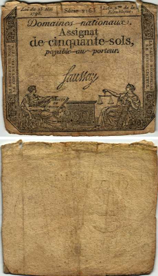 ФРАНЦИЯ 50 СУ 1793 23 МАЯ 1793, СЕРИЯ 2163, ВОДЯНОЙ ЗНАК RF/50s Pick А70b бумага 7485-64-2