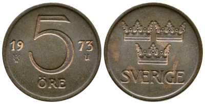 Швеция 5 эре 1973 U, Густав VI Адольф (1950-1973) KM 845 бронза 3458-144