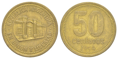 Аргентина 50 сентаво 1994 здание конгресса Тукумана, узкие буквы KM 111.1 алюминиевая бронза 4629-652