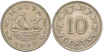 Мальта 10 центов 1972 баржа Великого магистра KM 11 медно-никель 3855-1112