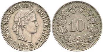 ШВЕЙЦАРИЯ 10 РАППЕНОВ 1952 В KM 27 медно-никель 55-234