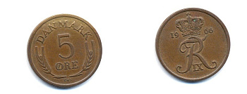 ДАНИЯ 5 ЭРЕ 1966 C; S, ФРЕДЕРИК IX (1947-1972) KM 848.1 бронза 4379-1021