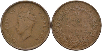Британская Индия 1/4 анна 1939 Георг VI (1936-1952) KM 530 бронза 28-527