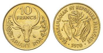 Мадагаскар 10 франков 1970 KM 11 алюминиевая бронза aUNC 4669-468