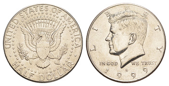 США 1/2 доллара (50 центов) 1999 D, Джон Кеннеди KM A202b медь плакированная медно-никелем aUNC 4517-233