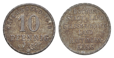 Бохум, Гельзенкирхен, Хаттинген 10 пфеннигов 1918 Funck 49.1, Men05 3022.1, Men18 3860.1 железо 54-221