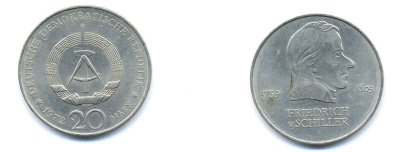 ГДР 20 марок 1972 А, Фридрих Шиллер (1759-1805) KM 40 медно-никель 3333-721