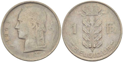 БЕЛЬГИЯ 1 ФРАНК 1965 BELGIQUE, БОДУЭН I (1951-1993) KM 142.1 медно-никель 202-1025