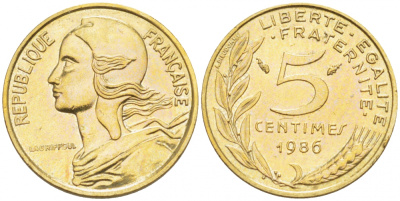 ФРАНЦИЯ 5 САНТИМОВ 1986 ТИП MARIANNE KM 933 медь алюминий никель 112-848