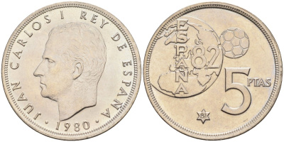 Испания 5 песет 1980(81) чемпионат мира по футболу в Испании 1982, Хуан Карлос I KM 817 медно-никель UNC 4583-1216