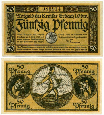 ЭРБАХ-ОДЕНВАЛЬД, ГЕРМАНИЯ 50 ПФЕННИГОВ 1918-1919 НОЯБРЬ 1918 - 1 АПРЕЛЯ 1919, НОТГЕЛЬД, ЗЕМЛЯ ГЕССЕН Grabowski E20.1 бумага UNC (ПРЕСС) 8613-16-2-1