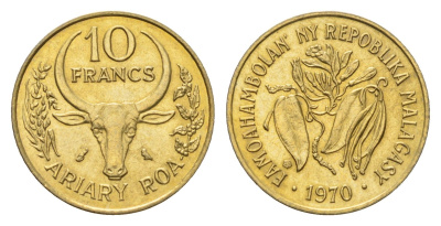 Мадагаскар 10 франков 1970 KM 11 алюминиевая бронза aUNC 4669-468
