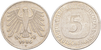 ФРГ 5 марок 1986 G KM 140.1 медно-никель 4512-741