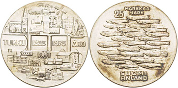 Финляндия 25 марок 1979 K-H, 750 лет городу-порту Турку KM 58 серебро XF-UNC 413-1135