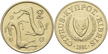 Кипр 2 цента 1991 KM 54.3 никель латунь 4174-1253