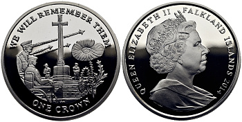 Фолклендские острова 1 крона 2014 в память героев первой мировой войны, военный мемориал Содружества KM 176a серебро  PROOF 1071-2-32