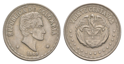 Колумбия 20 сентаво 1959 KM 215 медно-никель 4656-1011