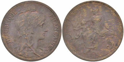 ФРАНЦИЯ 5 САНТИМОВ 1898 ТИП ДАНИЭЛЬ ДЮПЮИ KM 842, LE FRANC 119.5 бронза 108-812