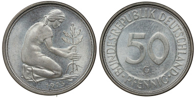 ФРГ 50 ПФЕННИГОВ 1973 G брак!!!! J 384a, KM 109.2 медно-никель aUNC 72-1049
