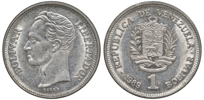 Венесуэла 1 боливар 1989 тонкий шрифт Y 52a.2 сталь плакированная никелем 4606-536