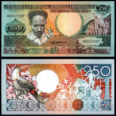 Суринам 250 гульденов 1988 Pick 134 бумага UNC (пресс) 8615-49-2-2