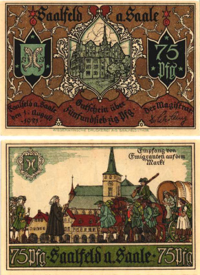 ЗААЛЬФЕЛЬД-ЗААЛЕ 75 ПФЕННИГОВ 1921 НОТГЕЛЬД, 1 АВГУСТА 1921, ЗЕМЛЯ ТЮРИНГИЯ Grabowski 1155.5a бумага 8608-2-3-1