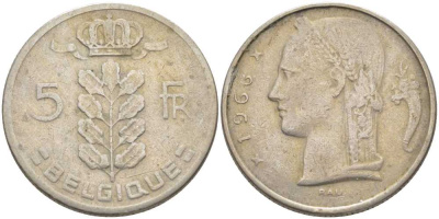 БЕЛЬГИЯ 5 ФРАНКОВ 1966 BELGIQUE, БОДУЭН I (1951-1993) KM 134.1 медно-никель 119-725