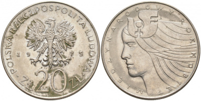 Польша 20 злотых 1975 MW, Международный год женщины KM 75, Parchimowicz 248 медно-никель UNC 69-1011