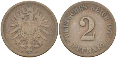 ГЕРМАНИЯ 2 ПФЕННИГА 1875 С, СТАРОГЕРБОВКА KM 2, J. 2, Weege 3 медь 212-611