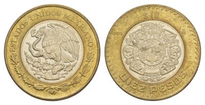 Мексика 10 песо 2010 Мо, бог Тонатиуха с огненной маской KM 616 биметалл aUNC 4637-727