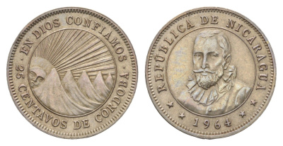 Никарагуа 25 сентаво 1964 KM 18.2 медно-никель UNC 4666-751
