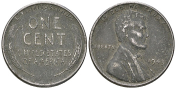 США 1 цент 1943 Авраам Линкольн KM 132 a сталь покрытая цинком 214-362