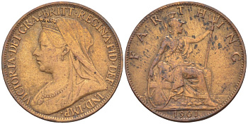 Великобритания 1 фартинг 1901 Виктория (1837-1901) KM 788.2, Spink 3964 бронза 4543-945