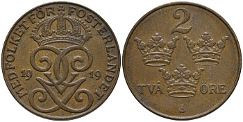 Швеция 2 эре 1919 Густав V (1907-1950) KM 778 бронза 63-1124