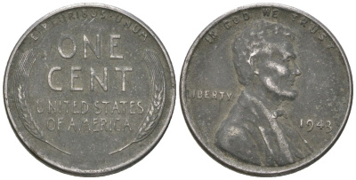 США 1 цент 1943 Авраам Линкольн KM 132 a сталь покрытая цинком 214-362