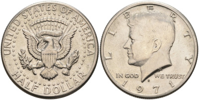 США 1/2 доллара (50 центов) 1971 D, Джон Кеннеди KM 202b медь плакированная медно-никелем 4565-621