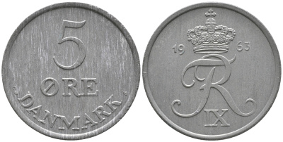 Дания 5 эре 1963 C; S, Фредерик IX (1947-1972) KM 843.2 цинк UNC 32-533