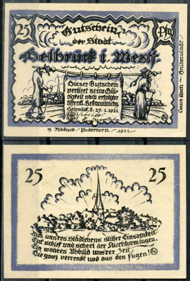 Германия, Дельбрюк 25 пфеннигов 1921 нотгельд, 27.1.1921 Grabowski 261.1 бумага UNC (пресс) 444-53-2-2
