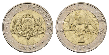 Латвия 2 лата 1999 корова KM 38 биметалл 4652-954