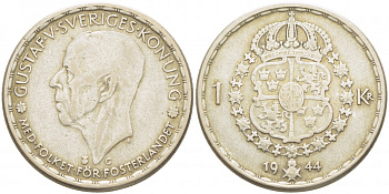 Швеция 1 крона 1944 G, Густав V (1907-1950) KM 814 серебро 175-1116