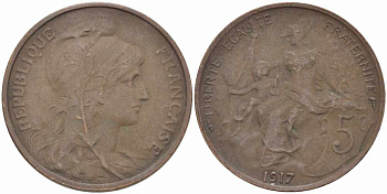 ФРАНЦИЯ 5 САНТИМОВ 1917 ТИП ДАНИЭЛЬ ДЮПЮИ KM 842, LE FRANC 119.30 бронза 108-1017