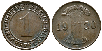 ГЕРМАНИЯ 1 РЕЙХСПФЕННИГ 1930 D KM 37, J. 313 бронза 4380-1168
