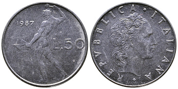 ИТАЛИЯ 50 ЛИР 1987 R, КУЗНЕЦ KM 95.1 сталь 3333-823