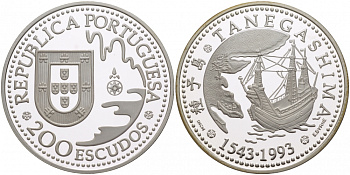 Португалия 200 эскудо 1993 450 лет с момента первой высадки в Японии на острове Танегасима KM 665а серебро PROOF 00-00