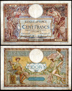 Франция 100 франков 1917 Pick 71 a бумага 8613-28-1-1